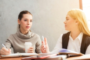 Two women talking 